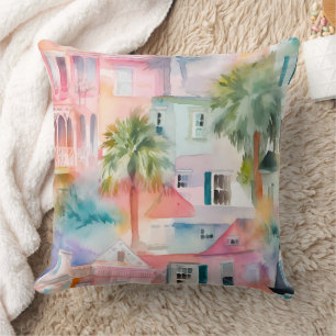 Coussin Maisons à l'aquarelle rose bleu Palmiers tropicaux