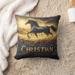 Coussin Majestic Black Horse Galloping au lever du soleil