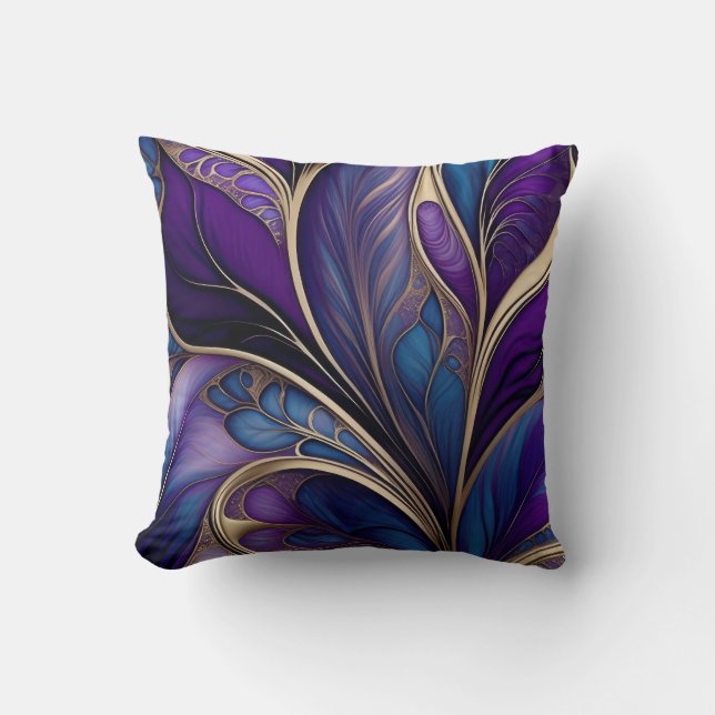 Coussin Majestic Bloom - Deep Purple and Blue Abstract Art (Recto)