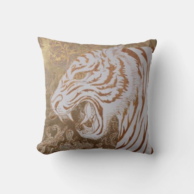 Coussin Majestic White Tiger Throw Pillow – Baroque Luxury (Recto)