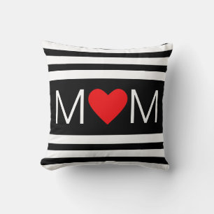 Coussin Maman à cœur moderne sur rayures noires et blanche