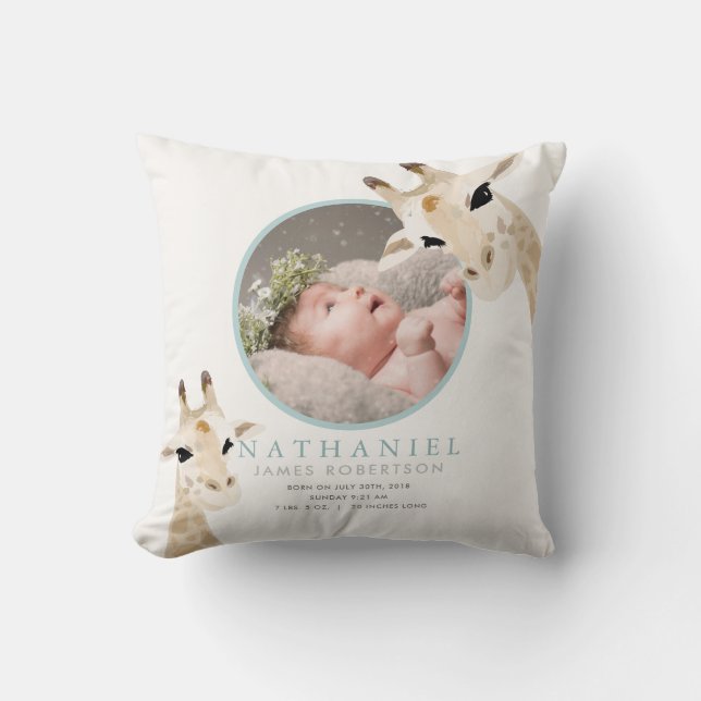 Coussin Maman & Baby Giraffe Blue Photo Baby Stats (Recto)