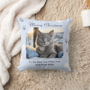 Coussin Maman Chat Glace Bleue Photo de Noël Animal de Com