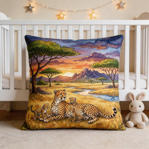 Coussin Maman guépard et ses petits, animaux de safari 