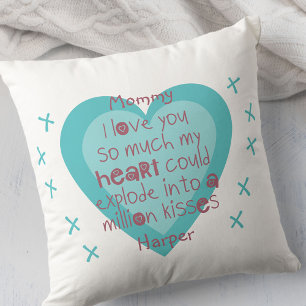 Coussin Maman je t'aime tellement .. Coeur et baisers blan