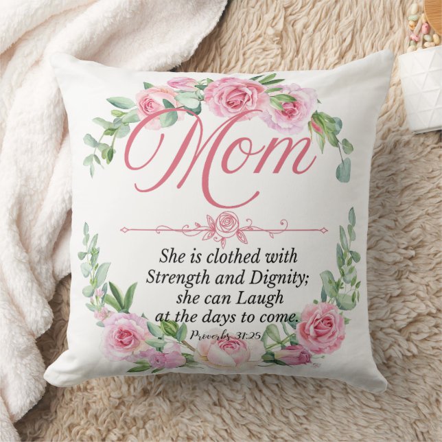 Coussin Maman - Proverbes 31:25 Fête des Mères Bible Verse (Couverture)