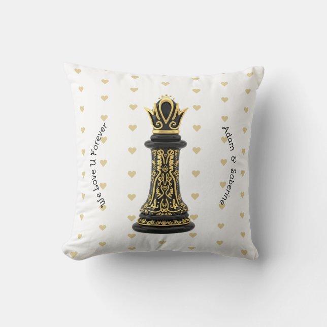Coussin MAMAN Reine de ma vie, Écriture Dorée Échecs Noirs (Recto)