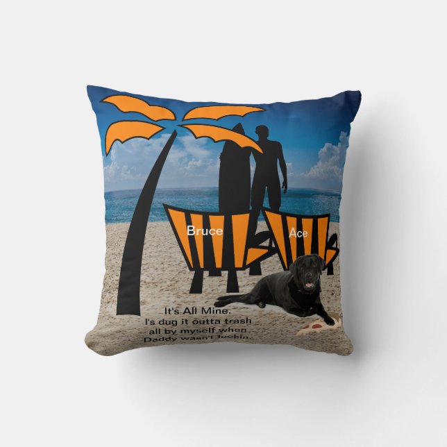 Coussin Man Surfing Dog Beach Orange Chaises (Recto)