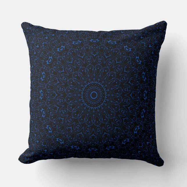 Coussin Mandala bleu Cobalt avec symétrie complexe (Recto)
