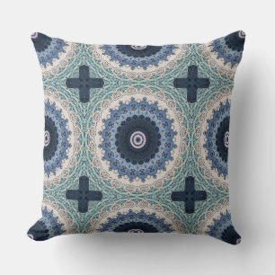 Coussin Mandala bleu et Turquoise avec symétrie géométriqu