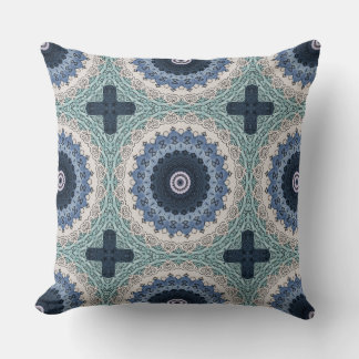 Coussin Mandala bleu et Turquoise avec symétrie géométriqu