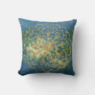 Coussin Mandala Boho Or Glitter Bleu Vert Aquarelle