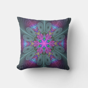 Coussin Mandala coloré art spirituel fractal avec rose