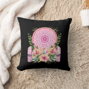 Coussin Mandala Cristal Fleurs Rose Aquarelle Bohème