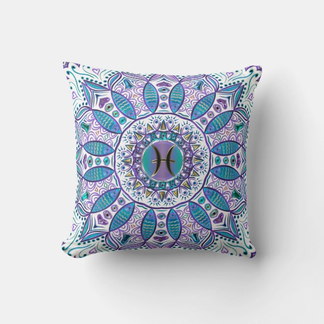 Coussin Mandala de Poissons dans la turquoise et le (Recto)
