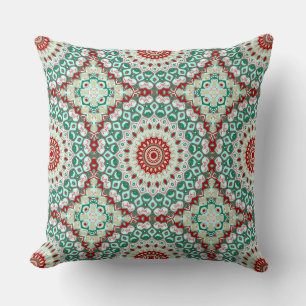 Coussin Mandala des Fêtes en Rouge, Vert et Blanc d'Hiver