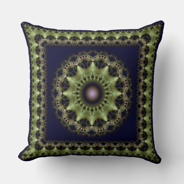 Coussin Mandala encadré de couleur vert fractal (Recto)