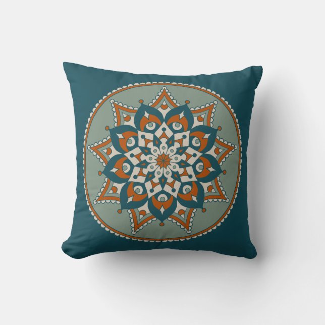Coussin Mandala floral, Turquoise, olive et rouille (Recto)