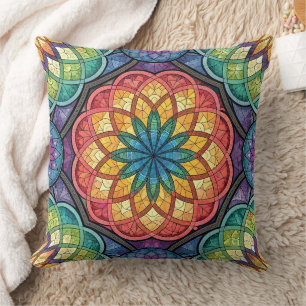 Coussin Mandala mosaïque arc-en-ciel radieux – Verre teint
