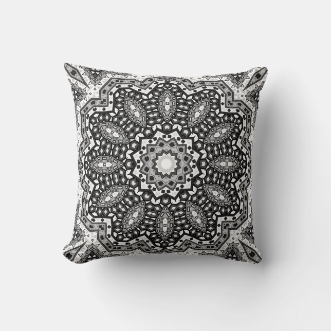 Coussin Mandala noir blanc, kaléidoscope, ornement rond (Recto)