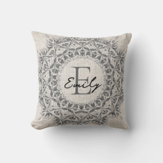 Coussin Mandala Nom Monogramme gris clair monochrome