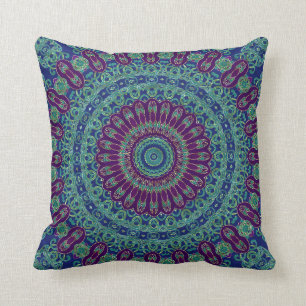 Coussin Mandala pourpre, bleu et vert