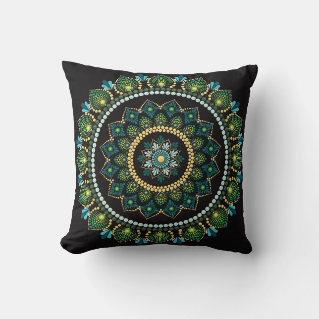 Coussin Mandala vert | Peint main | Géométrie sacrée (Recto)