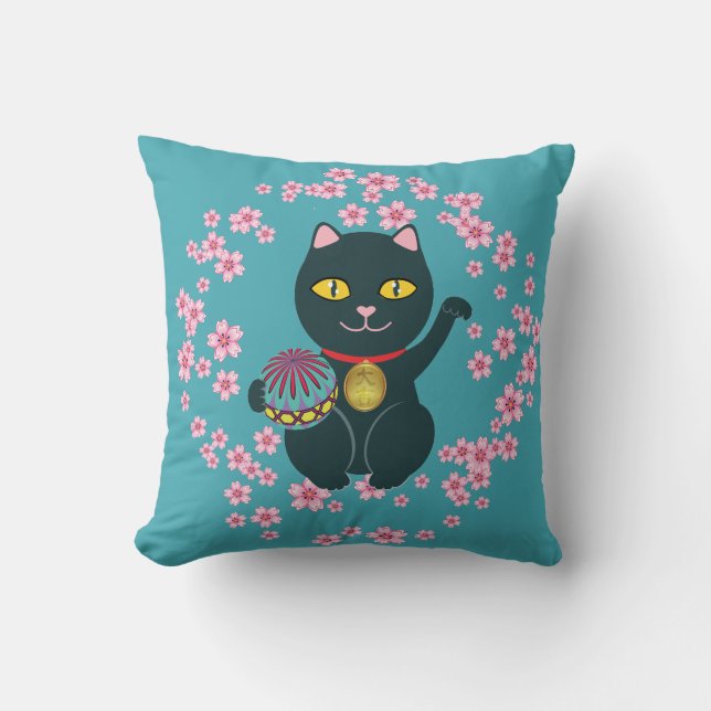 Coussin Maneki Neko Japonais Becking Lucky Black Cat (Recto)
