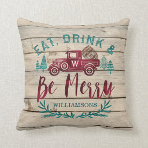 Coussin Mangez la boisson et soyez joyeux baril de vin