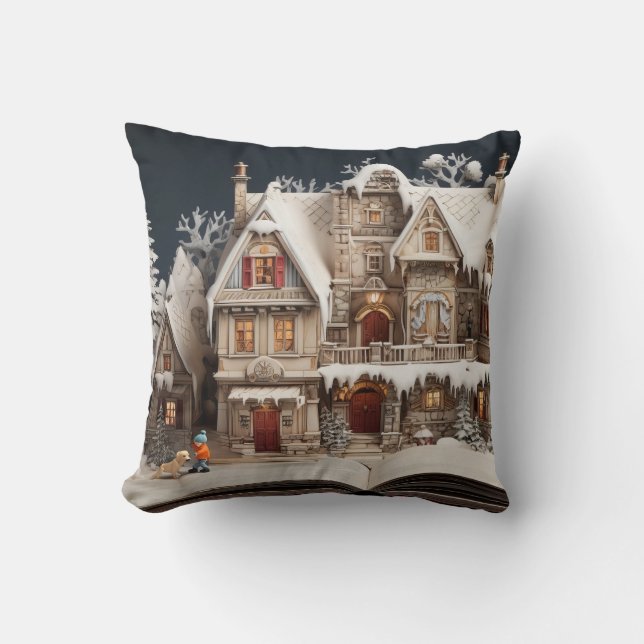 Coussin Manoir du livre de Noël avec enfant et chien (Recto)