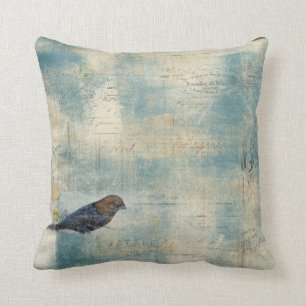 Coussin Manuscrit bleu vintage français d'oiseau