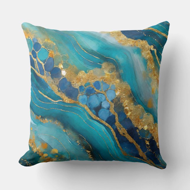Coussin Marbleisé Turquoise Blue Gold Elegant Faux (Recto)