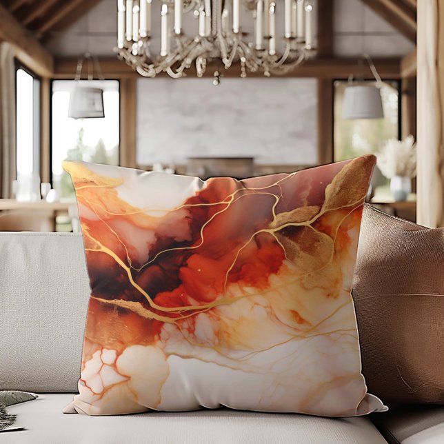 Coussin Marbré à l'encre alcoolique Brun Orange Or (Brown, orange, and cream-colored decorator pillow )