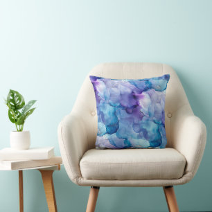 Coussin Marbre Aquarelle Bleu Océan, Turquoise et Violet