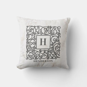 Coussin Marbre blanc personnalisé Monogramme Nom de famill
