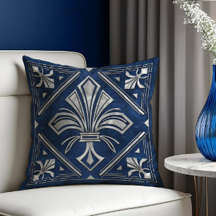 Coussin Marbre bleu et perle Art Déco Fleur de lis