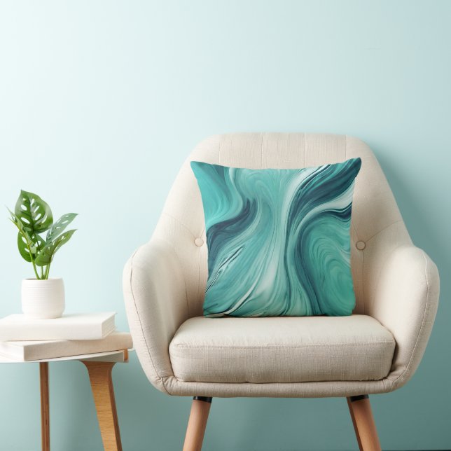 Coussin Marbre de liquide vert sarcelle abstrait (Chaise)