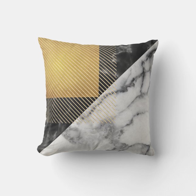Coussin Marbre Noir Argent Carré Géométrie linéaire (Recto)