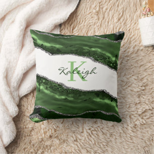 Coussin Marbre Vert Élégant Monogramme Paillettes Argentée