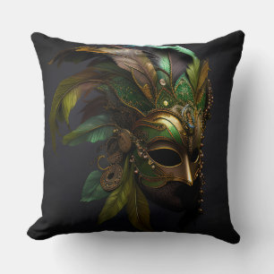 COUSSIN MARDI GRAS MASK & FEATHERS GREEN & GOLD