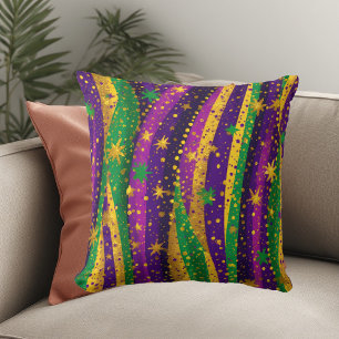 Coussin Mardi gras Violet Vert Or Étoiles Rayures Vibrante