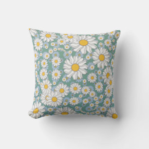 Coussin Marguerites blanches mignonnes sur le vert bleu