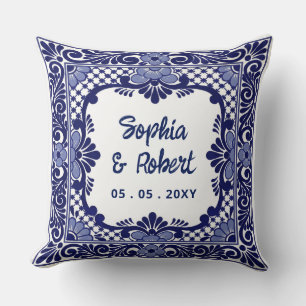 Coussin Mariage à la Talavera Bleue Mexicaine