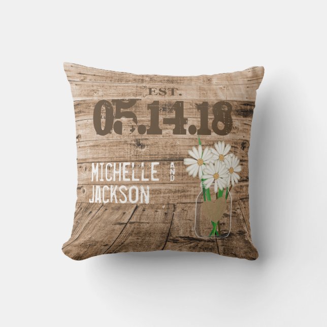 Coussin Mariage Barn Wood Design avec marguerites (Recto)
