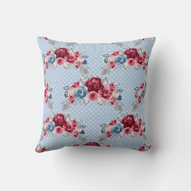 Coussin Mariage bleu, bordeaux et roses roses roses (Verso)