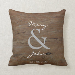 Coussin Mariage campagnard rustique grange bois nom monogr