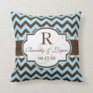 Coussin Mariage Chevron bleu et Brown
