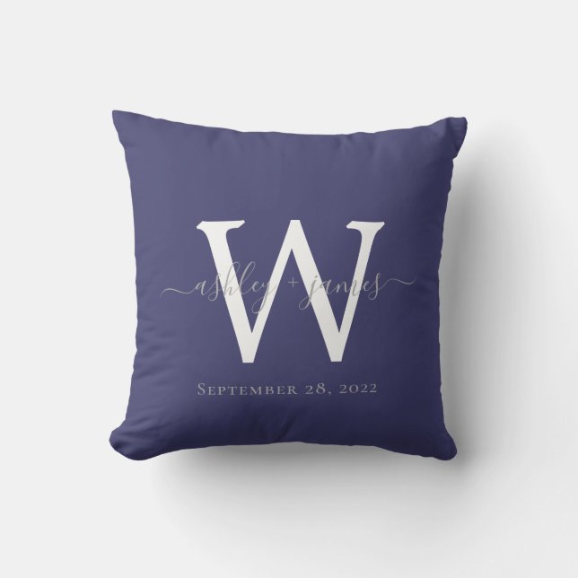 Coussin Mariage Chic Cadeau Bleu Nuit Monogramme Blanc (Recto)