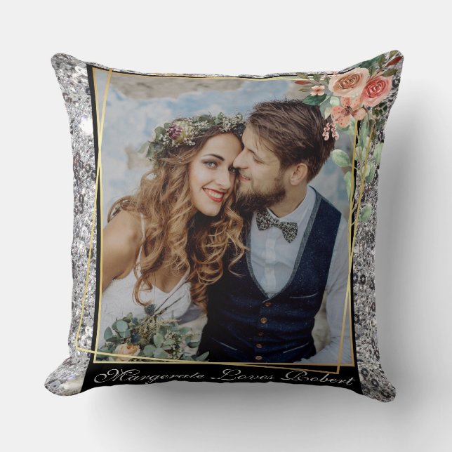 Coussin Mariage Chic Moderne Couple Amour Paillettes Argen (Recto)