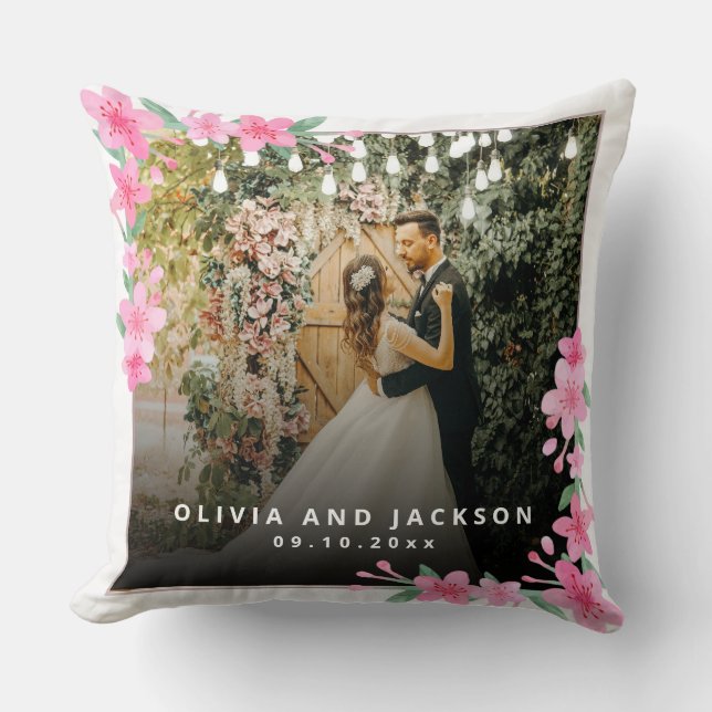 Coussin Mariage de cadre doré rose fleuri de bienvenue (Recto)